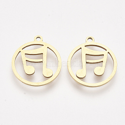 201 Stainless Steel Pendants, Laser Cut Pendants, Flat Round with Musical Note, Golden, 17x15x1mm, Hole: 1.4mm(STAS-T044-85G)