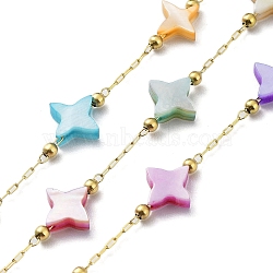 Colorful Natural Shell Star & Brass Beaded Link Chains, with Ion Plating(IP) Golden 304 Stainless Steel Paperclip Chains, Soldered, with Spool, Golden, 9x9x2.5mm, about 32.81 Feet(10m)/Roll(CHS-C008-03G)
