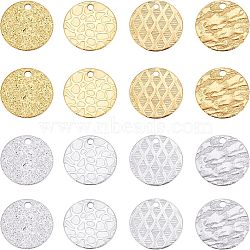 Unicraftale 32Pcs 8 Style Ion Plating(IP) 304 Stainless Steel Textured Pendants, Flat Round, Golden & Stainless Steel Color, 15x1mm, Hole: 1.4~1.6mm, 4pcs/style(STAS-UN0037-18)