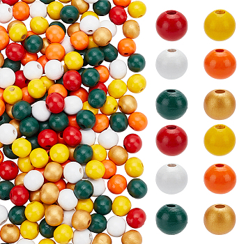Elite 300Pcs 6 Colors Spray Painted Wood Beads, Round, for Christmas Party Decoration, Mixed Color, 10x8.5mm, Hole: 2.5mm, 50pcs/color