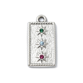 304 Stainless Steel Rhinestone Pendants, Square, Stainless Steel Color, 20.5x11x2.5mm, Hole: 2mm