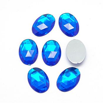 Acrylic Rhinestone Flat Back Cabochons, Faceted, Bottom Silver Plated, Oval, Blue, 18x13x4.5mm