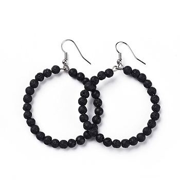 Natural Lava Rock Dangle Earrings, with Stainless Steel Hook, Ring, 60~61x44mm, Pin: 0.6mm