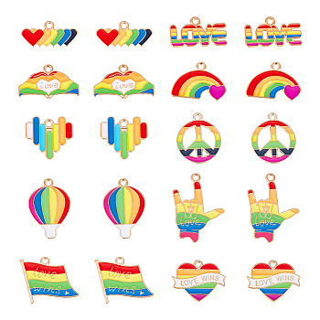 40Pcs 10 Style Rainbow Color Pride Alloy Enamel Pendants, Mixed Shapes, Colorful, 10.5~28.7x16.5~22.5x1.2~1.5mm, Hole: 2mm, 4pcs/style