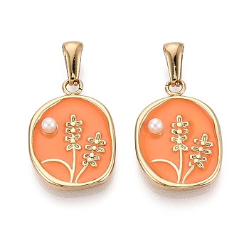 304 Stainless Steel & Enamel & ABS Imitation Pearl Pendants, Nuggets with Flower Charms, Golden, Coral, 24x16x4mm, Hole: 7x3mm