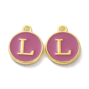Golden Plated Alloy Enamel Charms, Cadmium Free & Lead Free, Enamelled Sequins, Flamingo, Flat Round with Letter, Letter.L, 14x12x2mm, Hole: 1.4mm