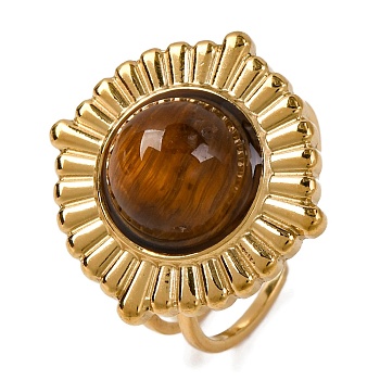 Round Natural Tiger Eye Finger Rings, Golden Tone 304 Stainless Steel Cuff Rings for Women, 21mm, Inner Diameter: Adjustable