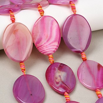 Natural Banded Agate Beads Strands, Dyed & Heated, Flat Oval, Hot Pink, 40~42x31~34x6~8mm, Hole: 2mm, about 8pcs/strand, 15.94''~16.54''(40.5~42cm)