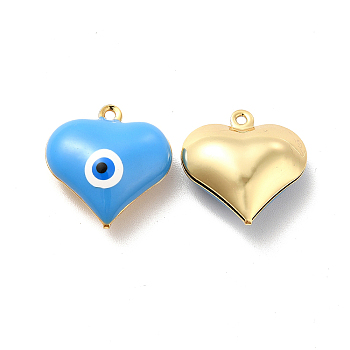 Brass Enamel Pendants, Real 18K Gold Plated, Long-Lasting Plated, Heart with Evil Eye, Deep Sky Blue, 17x16.5x7mm, Hole: 1.2mm
