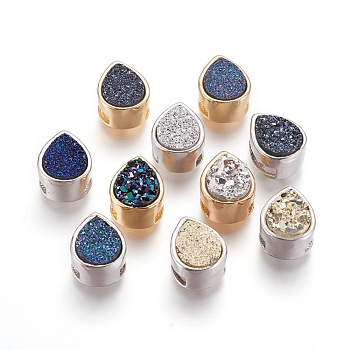 Brass Slide Charms, with Druzy Resin Cabochons, teardrop, Mixed Color, 14.5x12x8~9.5mm, Hole: 3x11mm
