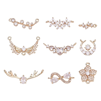 18Pcs 9 Style Brass Micro Pave Clear Cubic Zirconia Links Connectors, Long-Lasting Plated, Infinity & Heart & Flower & Round & Moon & Wing & Deer Horn, Light Gold, 2pcs/style
