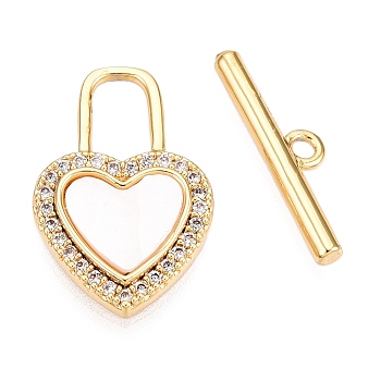 Brass Micro Pave Clear Cubic Zirconia Toggle Clasps, with Shell, Heart, Real 18K Gold Plated, 18.5x12x2mm, Hole: 6.5x3.5mm, Bar: 4.5x16.5x2mm, Hole: 1.4mm