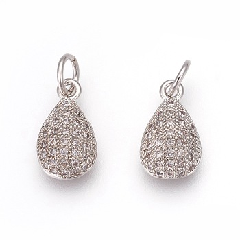 Brass Pendants, with Micro Pave Cubic Zirconia, teardrop, Clear, Platinum, 12x7.5x3.5mm, Hole: 3.5mm