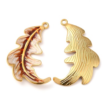 304 Stainless Steel Enamel Pendants, Real 18K Gold Plated, Feather Charm, Brown, 38x27x3mm, Hole: 2mm