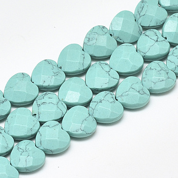 Synthetic Turquoise Beads Strands, Faceted, Heart, 10x10x5mm, Hole: 1.2mm, about 20pcs/strand, 7.4 inch