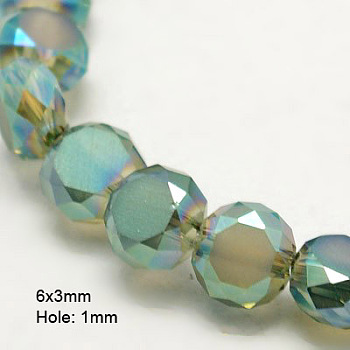 Electroplate Glass Beads, Half Plated, Faceted, Frosted, Flat Round, Light Sea Green, 6x3mm, Hole: 1mm