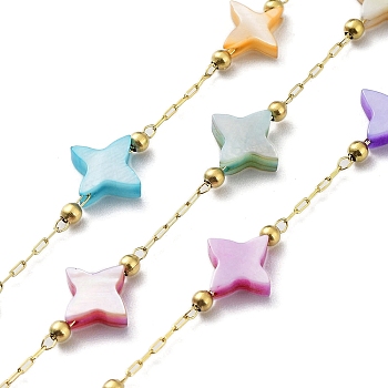 Colorful Natural Shell Star & Brass Beaded Link Chains, with Ion Plating(IP) Golden 304 Stainless Steel Paperclip Chains, Soldered, with Spool, Golden, 9x9x2.5mm, about 32.81 Feet(10m)/Roll