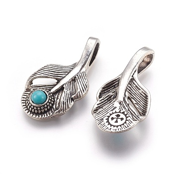 Tibetan Style Alloy Pendants, with Synthetic Turquoise, Dyed, Leaf, Antique Silver, 36x18x7mm, Hole: 4x9mm