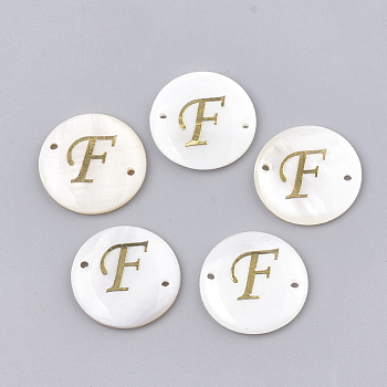 Freshwater Shell Links connectors, with Brass Findings, Flat Round, Golden, Letter.F, 20~21x3mm, Hole: 1.2mm