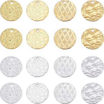 Unicraftale 32Pcs 8 Style Ion Plating(IP) 304 Stainless Steel Textured Pendants, Flat Round, Golden & Stainless Steel Color, 15x1mm, Hole: 1.4~1.6mm, 4pcs/style