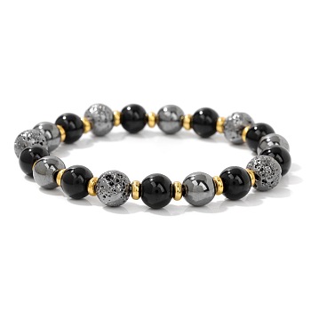 Natural Lava Rock & Black Stone Beaded Stretch Bracelets for Men and Women