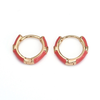 Brass Micro Pave Clear Cubic Zirconia Huggie Hoop Earrings, with Enamel, Red, 16x3mm, Pin: 1mm