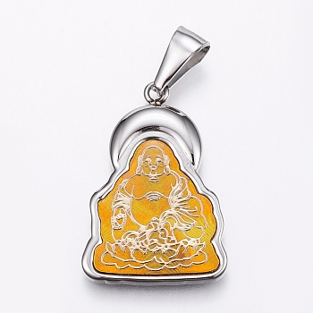 304 Stainless Steel Pendants, Buddha, with Epoxy, Gold, Gunmetal & Stainless Steel Color, 32x22x3mm, Hole: 10x4mm