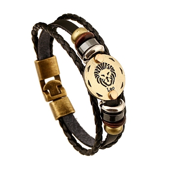 Braided Cowhide Cord Multi-Strand Bracelets, Constellation Bracelet for Men, with Wood Bead & Alloy Clasp, Leo, 7-7/8~8-1/2 inch(20~21.5cm) 