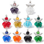 Faceted Glass Pendants, Angel Charm, with Antique Silver Alloy Wing and Platinum Iron Loop & Glass Seed Beads & Glass Pearl Beads, Mixed Color, 31x22x21mm, Hole: 1.6mm(PALLOY-MZ00583)