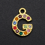 Alloy Rhinestone Charms, Golden, Colorful, Letter, Letter.G, 12.5x9x2mm, Hole: 1.5mm(PALLOY-S098-DA019-G)