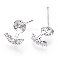 925 Sterling Silver Stud Earring Findings Micro Pave Cubic Zirconia, for Half Drilled Beads, with S925 Stamp, Eyelash, Real Platinum Plated, 10x8.5x2mm, Pin: 0.7×12mm(STER-T007-17P)