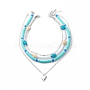 4Pcs 4 Style Alloy Heart Pendant Necklaces Set, with Tortoise Dyed Synthetic Turquoise Tortoise & Polymer Clay Disc Beaded Stackable Necklaces, Brass Chains Jewelry for Woman, Platinum, 13.98~19.96 inch(35.5~50.7cm), 1Pc/style(NJEW-JN04034)