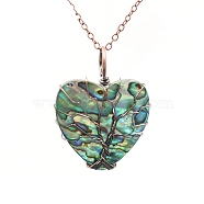 Tree Of Life Wire Wrapped Peach Heart Abalone Shell Shape Stone Pendant Necklaces, Red Copper, 19.69 inch(50cm)(PW-WG93713-04)