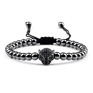 Adjustable Sweet and Cool Couples Brass Micro Pave Cubic Zirconia Leopard Braided Bead Bracelets for Women, Gunmetal(LY5940-2)