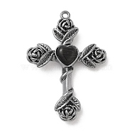 Alloy with Glass Pendants, Cross with Rose Charms, Gunmetal, Black, 35x25x5mm, Hole: 1.4mm(PALLOY-P294-03B-03)