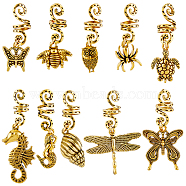 20Pcs Animal Theme Alloy Hair Braid Dreadlock Beads Set, Hair Coil Cuffs, with Alloy Pendants, Bees & Butterfly & Dragonfly, Antique Golden, 40~52mm, 10 style, 2pcs/style, 20pcs/set(PALLOY-PH01471)