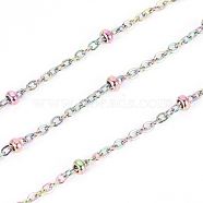 Ion Plating(IP) 304 Stainless Steel Cable Chains, Satellite Chains, with Spool and Beads, Soldered, Rainbow Color, 1.6x1x0.3mm, 2x1mm, about 32.8 Feet(10m)/roll(CHS-I003-V01-A-M)