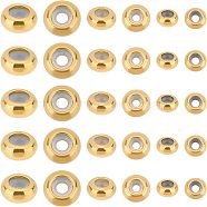 30Pcs 3 Style 202 Stainless Steel Beads, with Rubber Inside, Slider Beads, Stopper Beads, Rondelle, Golden, 6~10x3~5mm, Hole: 3~5mm, Rubber Hole: 2~3.5mm, 10pcs/style(STAS-UN0039-17)