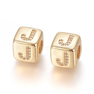 Brass Micro Pave Cubic Zirconia European Beads, Horizontal Hole, Large Hole Beads, Long-Lasting Plated, Cube with Letter, Golden, Clear, Letter.J, 9x9x9.5mm, Hole: 4.5mm(ZIRC-G162-13G-J)