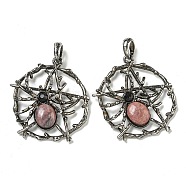 Natural Rhodonite Pendants, Alloy Pentagram with Spider Charms, Antique Silver, 44.5x39x7mm, Hole: 7.5x6.5mm(G-P547-05AS-08)