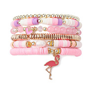 6Pcs 6 Style Natural Malaysia Jade & Pearl & Synthetic Hematite Beaded Stretch Bracelets Set, Polymer Clay Heishi Preppy Bracelets with Flamingo Charms, Pink, Inner Diameter: 2~2-1/4 inch(5.2~5.6cm), 1Pc/style(BJEW-JB09734)