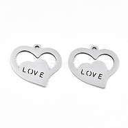 Valentine's Day 201 Stainless Steel Pendants, Laser Cut, Heart with Word Love, Stainless Steel Color, 17.5x19x0.9mm, Hole: 1.5mm(STAS-S081-082)