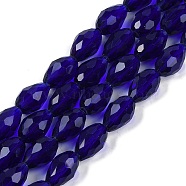 Transparent Glass Beads Strands, Faceted, Teardrop, Dark Blue, 8x6mm, Hole: 1.2mm, about 65~67pcs/strand, 20.08 inch(51cm)(EGLA-N013-T6mm-D07)