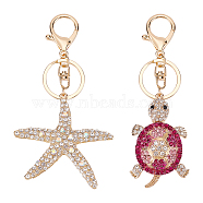 WADORN 2Pcs 2 Style Colorful Full Rhinestones Pendant Keychain, with Alloy Findings, for Bag Purse Car Ornament, Starfish & Tortoise, Mixed Color, 13.2cm, 1pc/style(KEYC-WR0001-37)