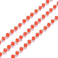 Brass Handmade Faceted Glass Beaded Chains, with Spool, Soldered, Long-Lasting Plated, Real 18K Gold Plated, Rondelle, Orange Red, 3.5x2.5mm, about 16.4 Feet(5m)/roll(CHC-F012-02A)
