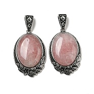 Natural Rose Quartz Big Pendants, Antique Silver Plated Alloy Oval Charms with Flower, 59x40x12mm, Hole: 17x6.5mm(G-Z050-04C)