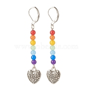 Natural Malaysia Jade with Alloy Heart Long Dangle Leverback Earrings, 7 Chakra Gemstone Jewelry for Women, Antique Silver, 66.5mm, Pin: 0.6mm(EJEW-JE04909-02)