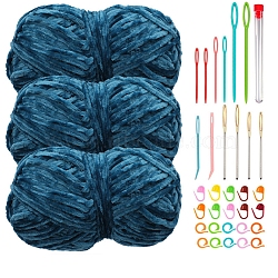 Knitting Tool Kits, with Chenille Yarn & Needle & Stitch Marker, for Blanket Pillows Craft Crochet Yarns, Steel Blue, 225x145x65mm(PW-WGE0A71-05)