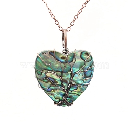 Tree Of Life Wire Wrapped Peach Heart Abalone Shell Shape Stone Pendant Necklace, Red Copper, 19.69 inch(50cm)(PW-WG93713-04)