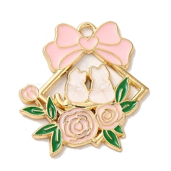 Alloy Enamel Pendants, Golden, Cat with Flower Charm, Misty Rose, 29.5x27x1.5mm, Hole: 2mm(ENAM-147-04G-G)